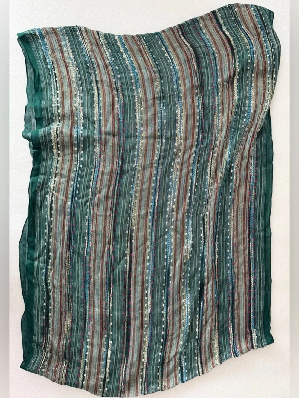 Boho Textured Infinity Scarf Green Multi Stripe Woven Lightweight Artisan Style